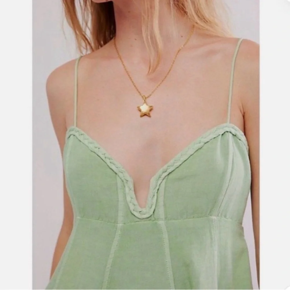 Free People Altura Printed Mini Dress Sage Green Summer Spring Dress Linen Large - Picture 2 of 3